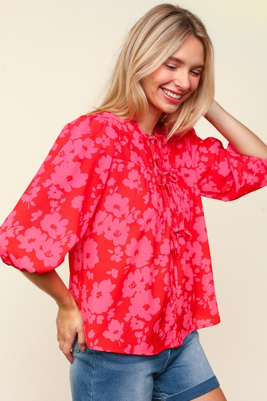 Haptics Ribbon Bow Floral Balloon Sleeve Blouse