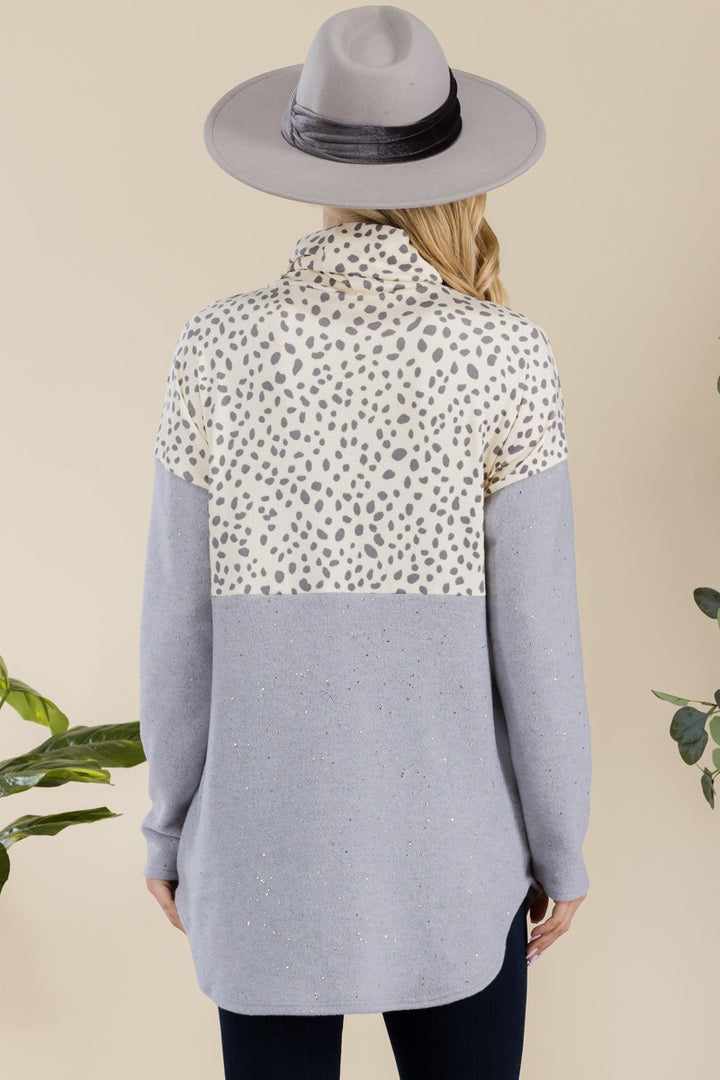 Celeste Curved Hem Printed Turtleneck Long Sleeve Blouse