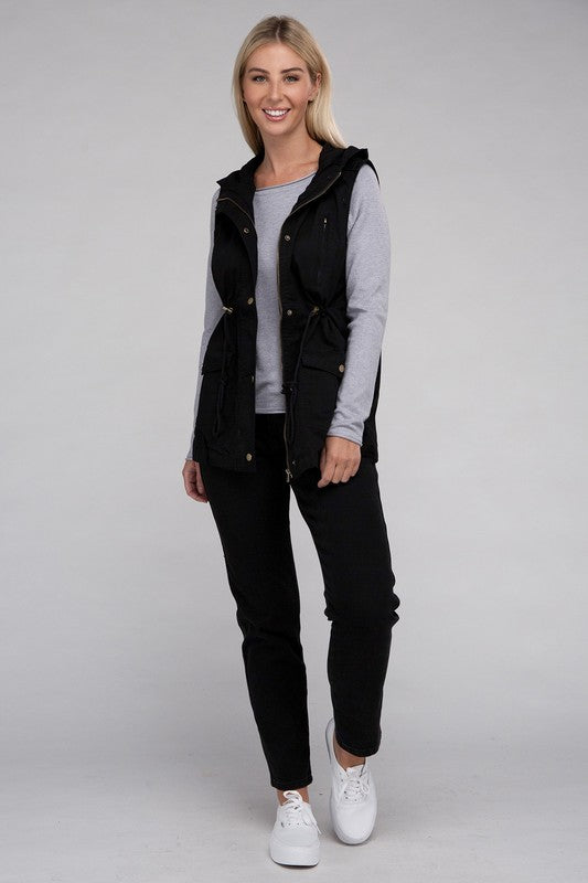 Zenana Drawstring Waist Military Hoodie Vest