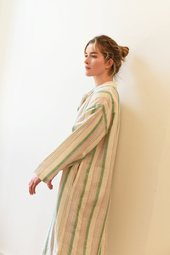 Home & Loft Turkish Cotton Green Ivory Montauk Long Sleeve Maxi Kaftan