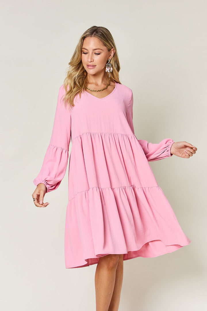 Double Take V-Neck Balloon Sleeve Tiered Dress with Pockets