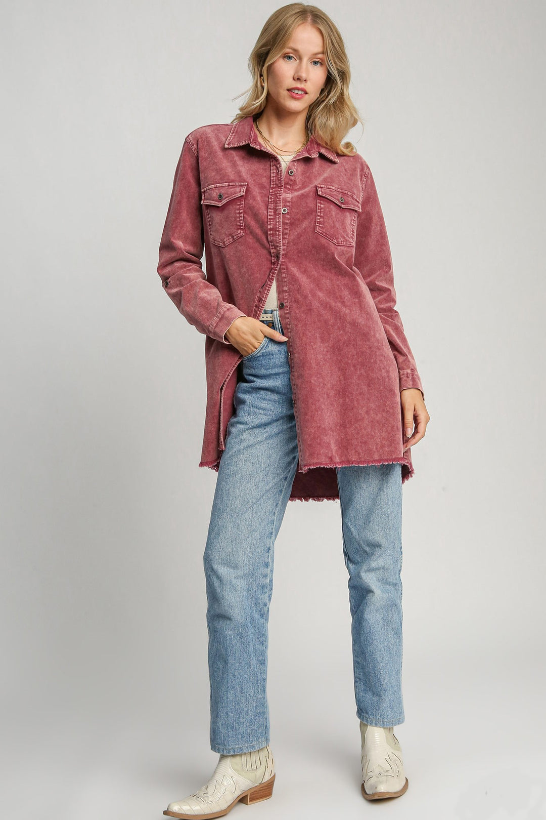 Umgee Raw Hem Button Down Denim Shacket with Chest Pockets