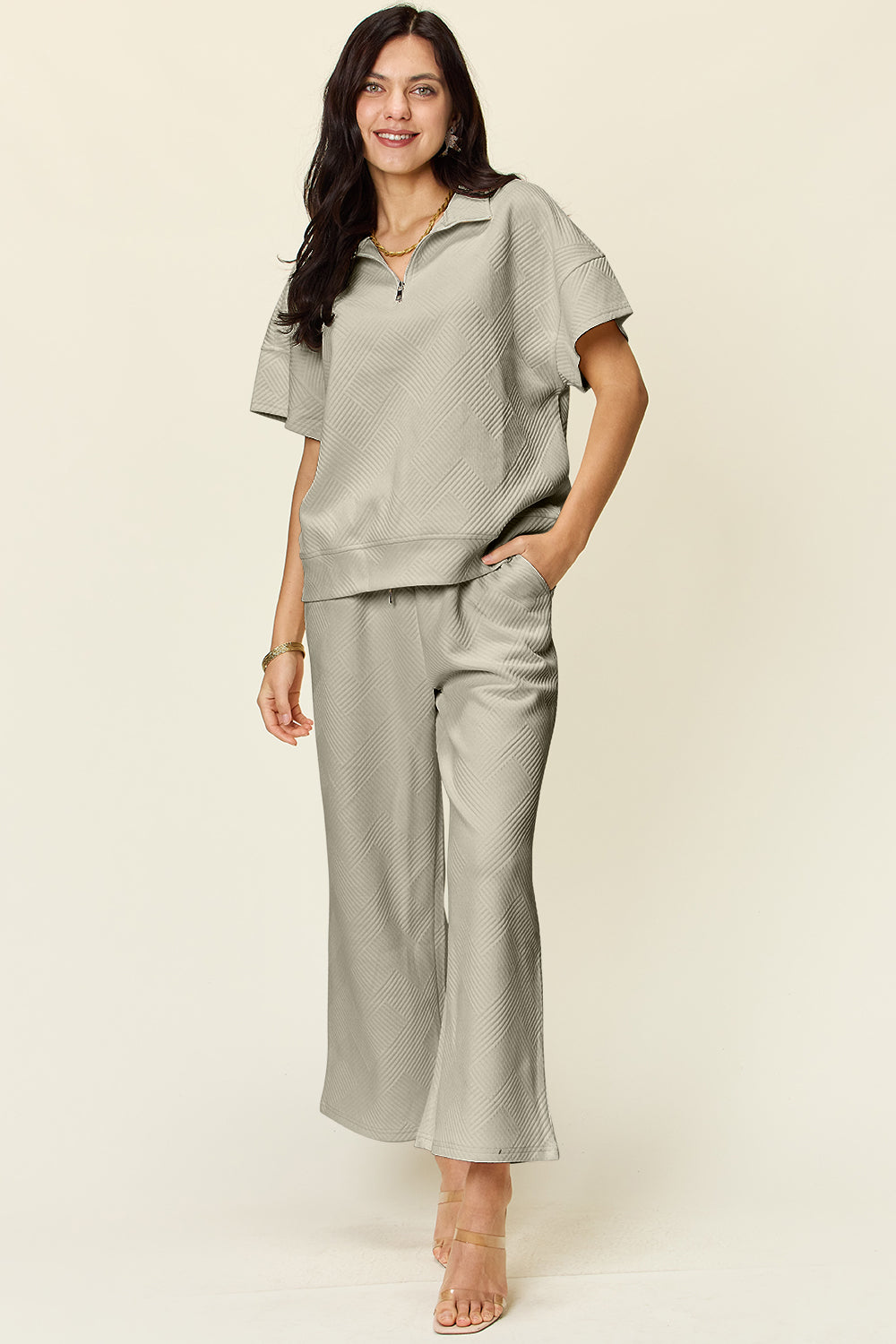 Double Take Texture Half Zip Short Sleeve Top and Pants Set