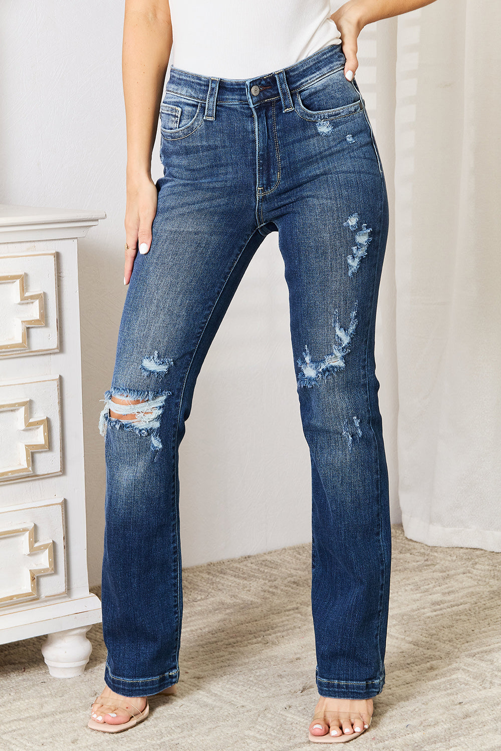 Judy Blue Mid Rise Hand Sand & Destroy Bootcut Jeans