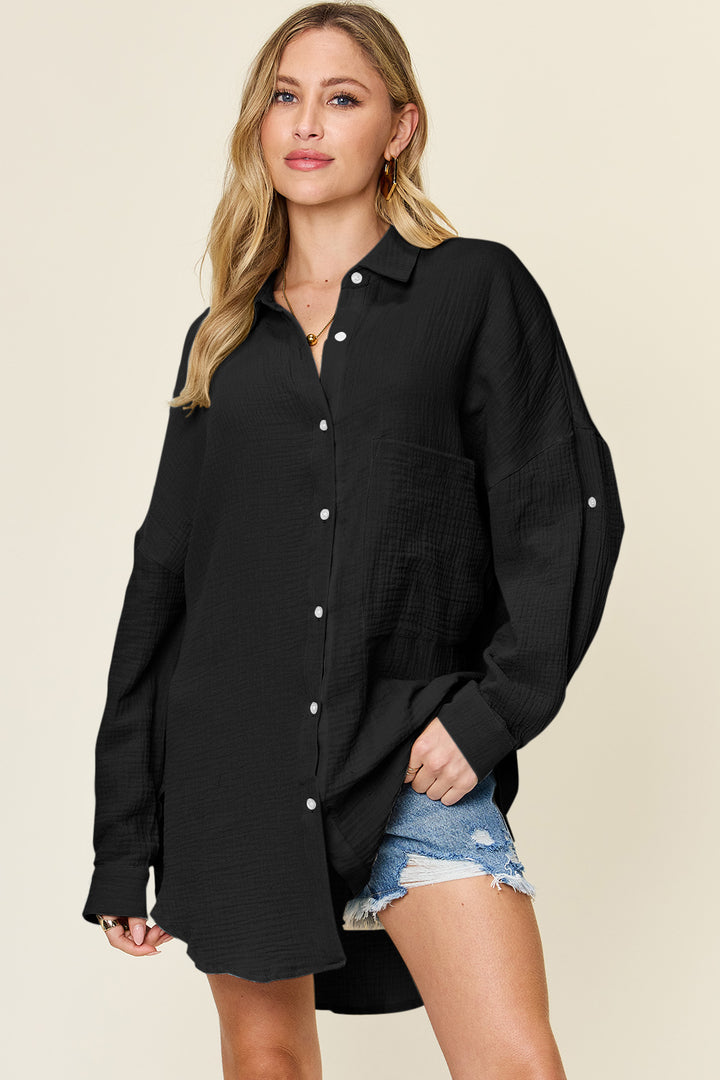 Double Take Pocketed Texture Button Up Shirt