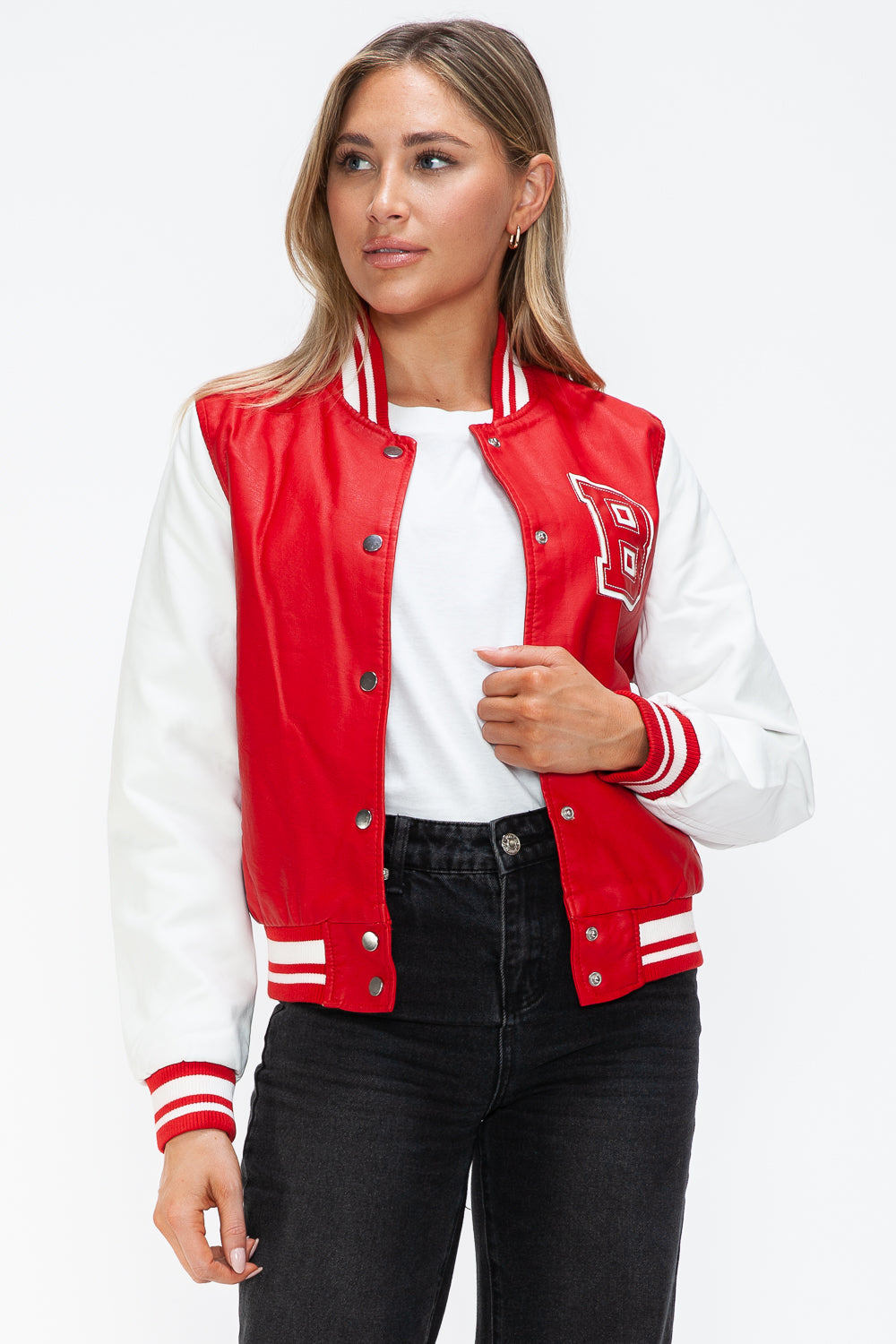 Love Me Now PU Leather Contrast Snap Down Bomber Jacket - Boho Soho