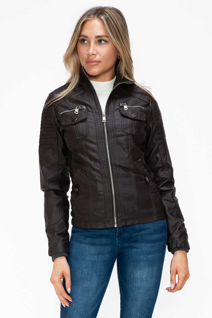 YMI Removable Faux Layered Multi-Pocket Faux Leather Jacket with Fuzzy Hood