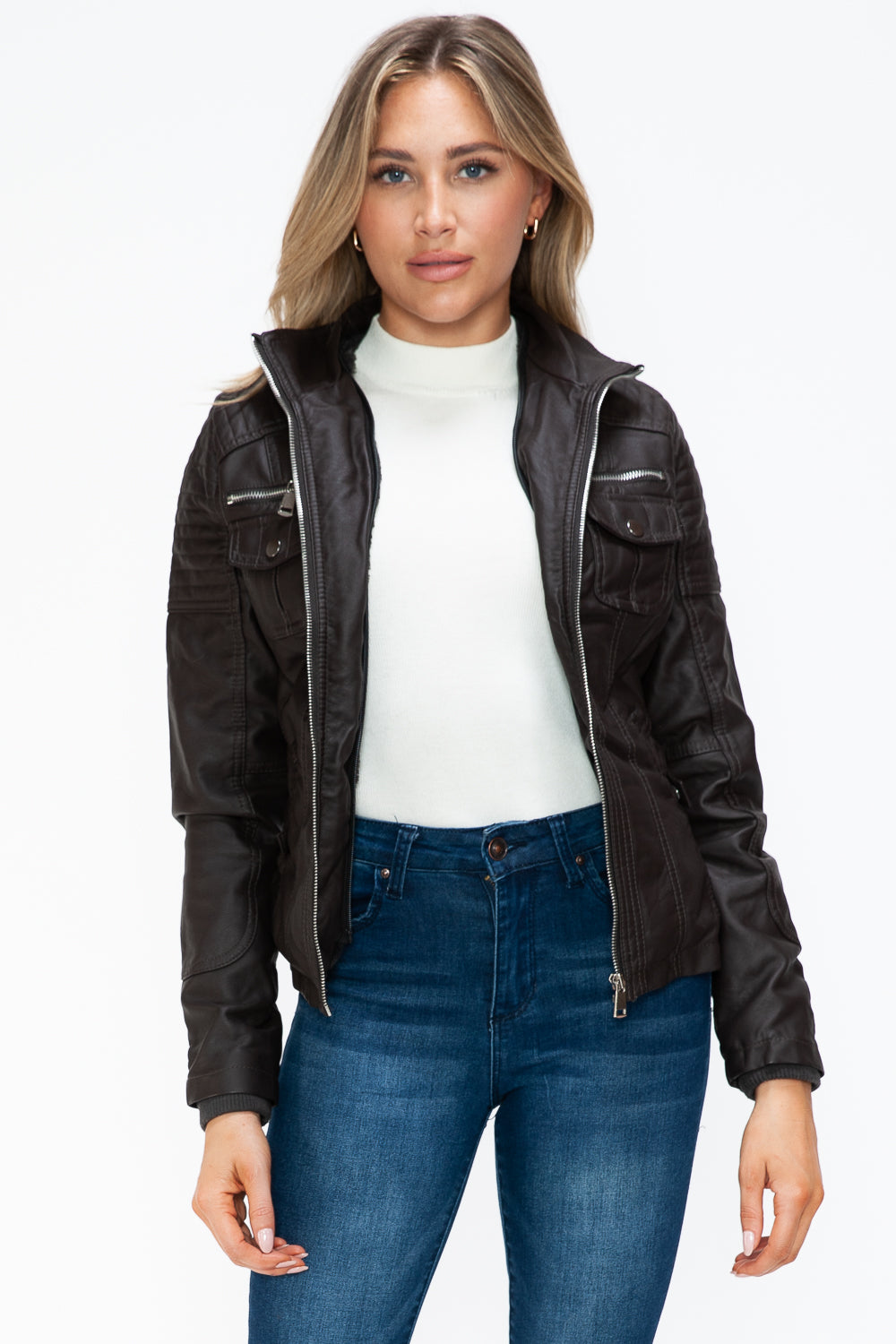 YMI Removable Faux Layered Multi-Pocket Faux Leather Jacket with Fuzzy Hood