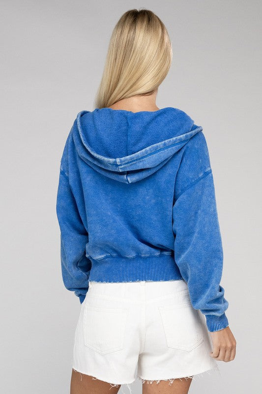 Zenana Acid Wash Fleece Cropped Zip-Up Hoodie - Boho Soho