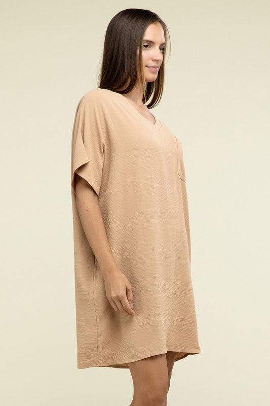 Zenana Woven Airflow V Neck T-Shirt Dress with Pockets