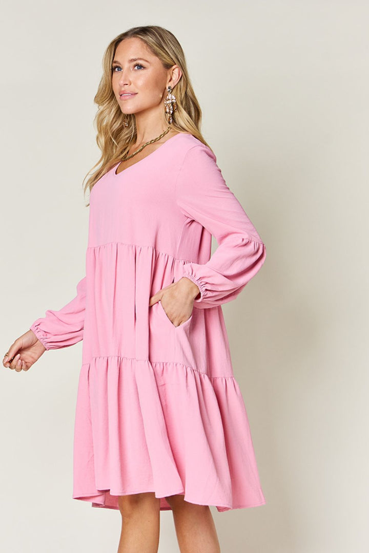 Double Take V-Neck Balloon Sleeve Tiered Dress with Pockets