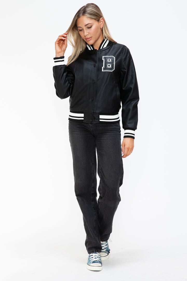 Love Me Now PU Leather Contrast Snap Down Bomber Jacket - Boho Soho