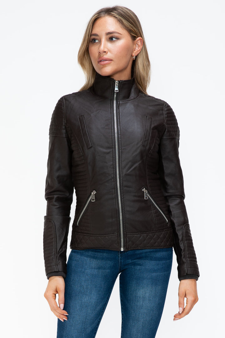 YMI Faux Layered Double-Zipper Faux Leather Jacket with Fuzzy Hood