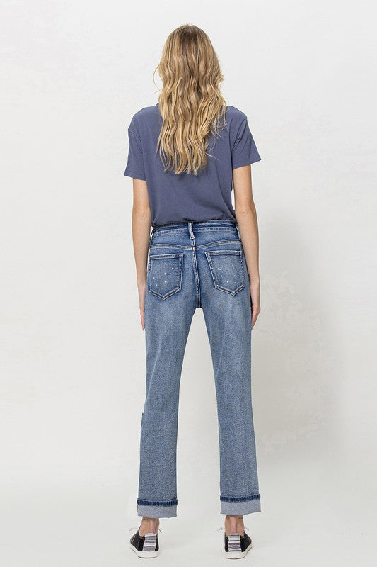 Vervet by Flying Monkey Stretch Mom Jeans w/ Spatter Detail and Cuff