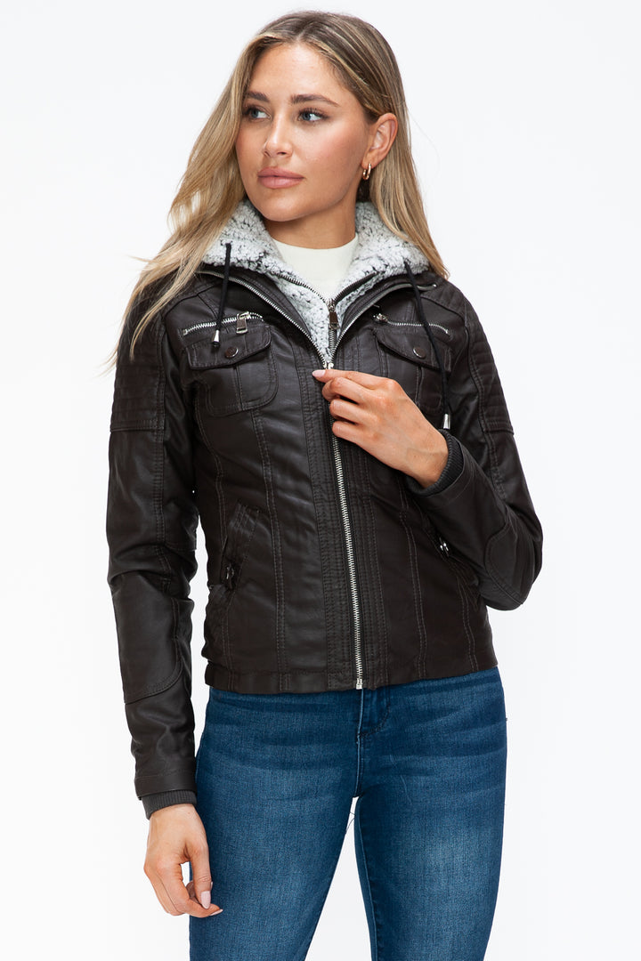 YMI Removable Faux Layered Multi-Pocket Faux Leather Jacket with Fuzzy Hood