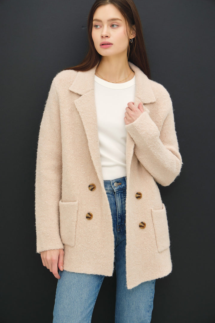 Be Cool Textured Double-Breasted Knit Coat with Pockets