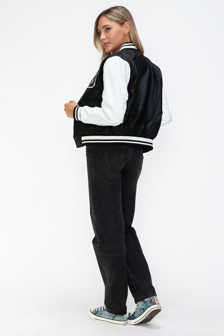 Love Me Now PU Leather Contrast Snap Down Bomber Jacket - Boho Soho