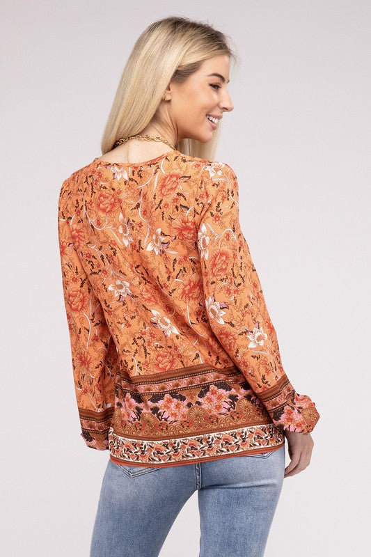 Boho Paisley Print Tie Neck Blouse