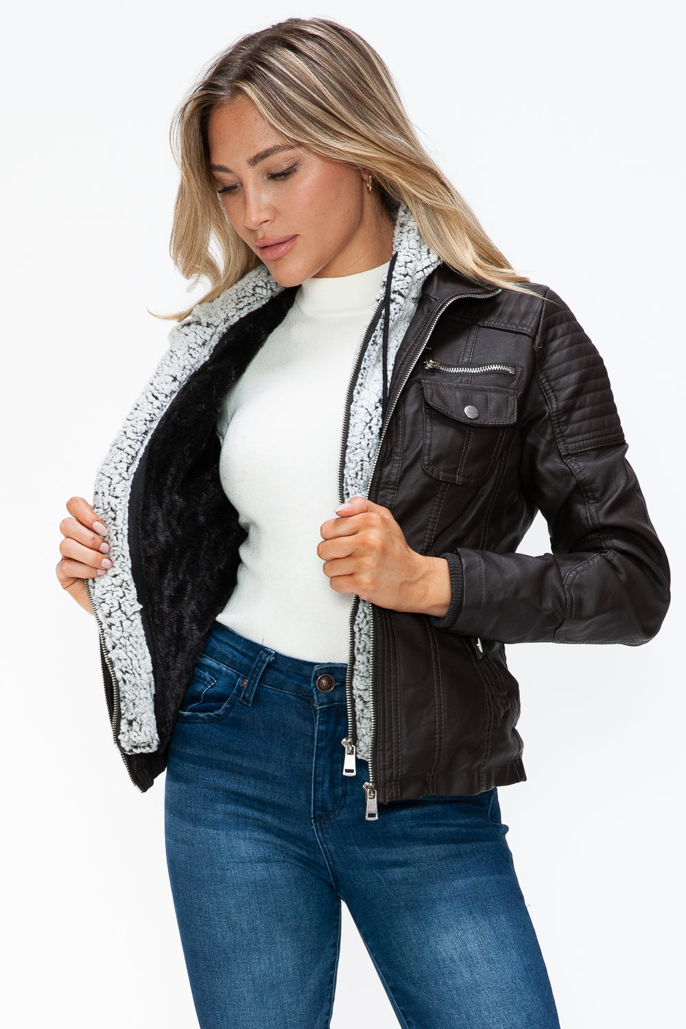 YMI Removable Faux Layered Multi-Pocket Faux Leather Jacket with Fuzzy Hood