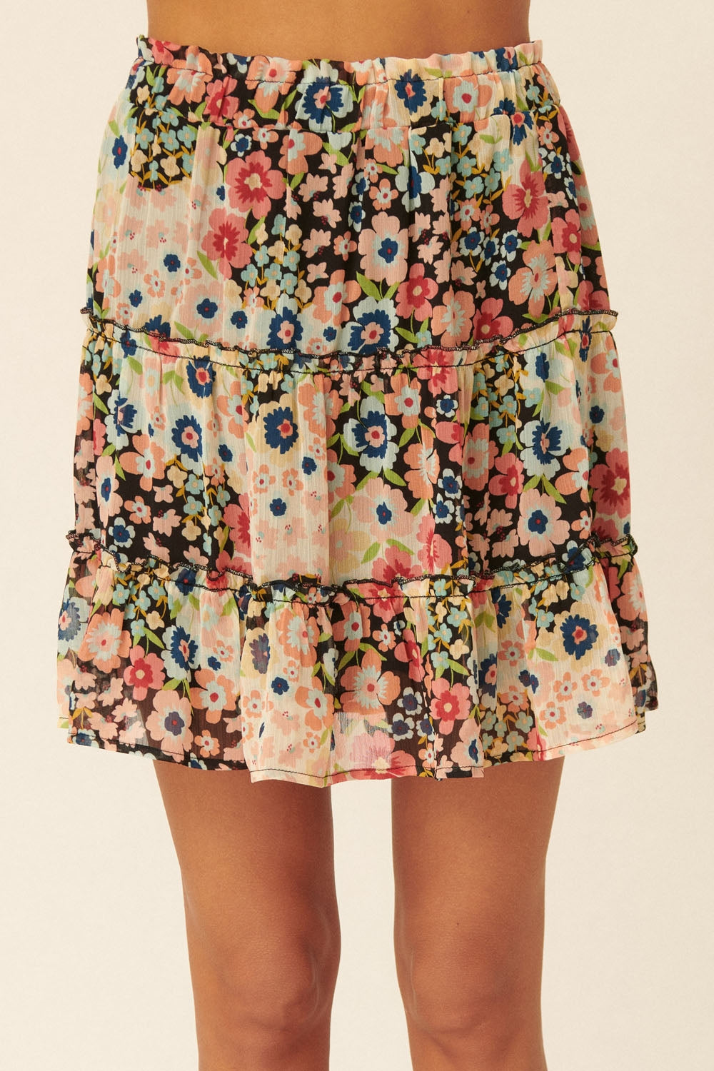 Promesa Floral Tiered Exposed Seam Mini Skirt