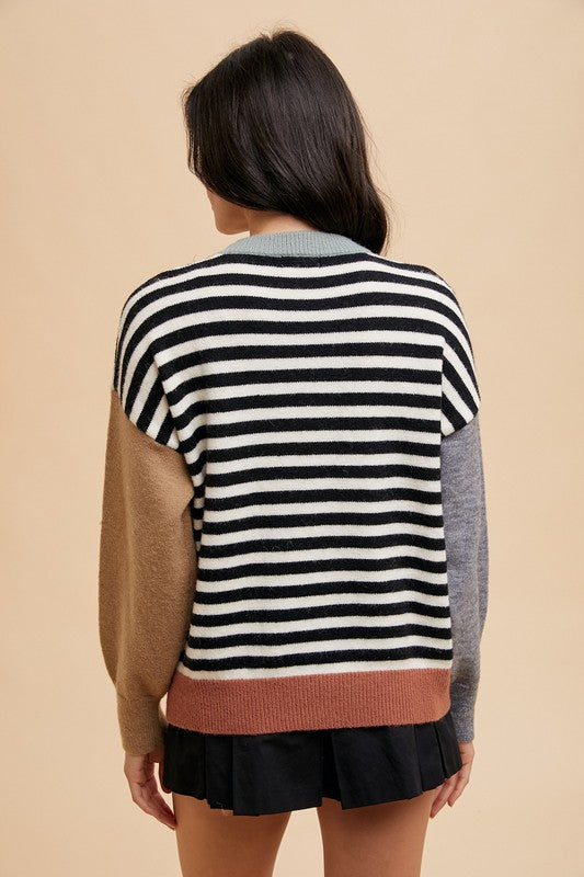 Annie Wear Striped Color Block Round Neck Sweater