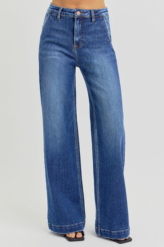 RISEN High Rise Wide Leg Jeans with Slanted Pockets