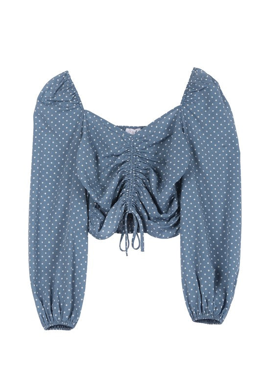 Lilou Ruched polka dot crop top with puff sleeves