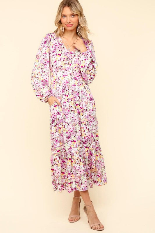 Haptics Floral V-Neck Long Sleeve Dress with Side Pockets