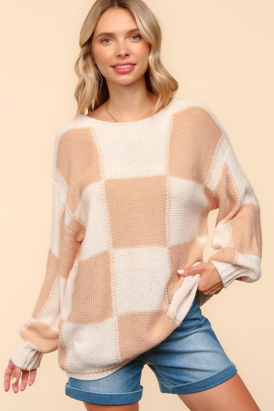 Haptics Checkered Round Neck Drop Shoulder Sweater