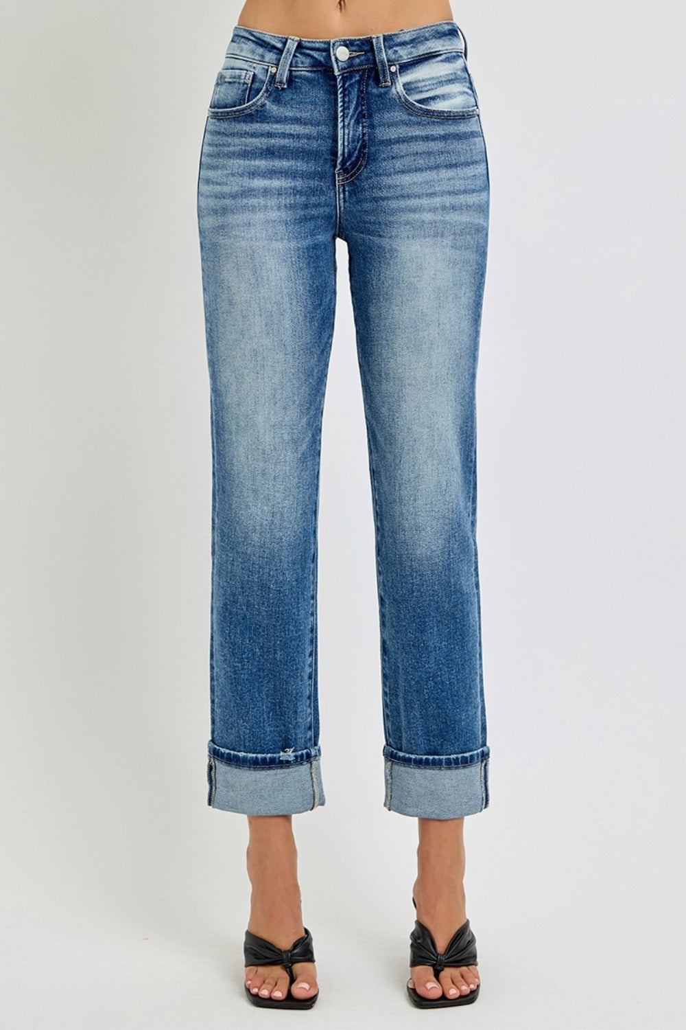 RISEN High Rise Crop Straight Roll Up Jeans