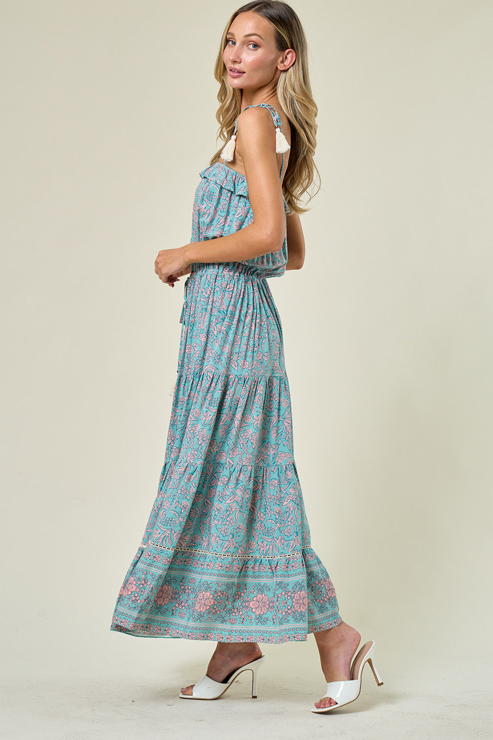 Boho Paisley Print Maxi Dress: Maxi dress with elastic waist and tassel ties, adjustable tassel straps, tiered skirt with crochet inset detail, pull-on style, and ruffle bodice. Boho-chic fashion for a stylish and comfortable look.