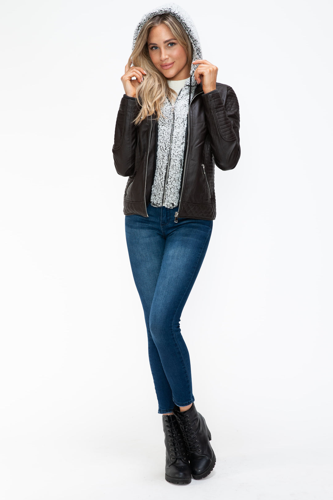 YMI Faux Layered Double-Zipper Faux Leather Jacket with Fuzzy Hood