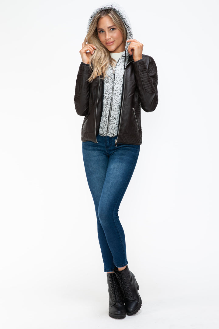 YMI Faux Layered Double-Zipper Faux Leather Jacket with Fuzzy Hood