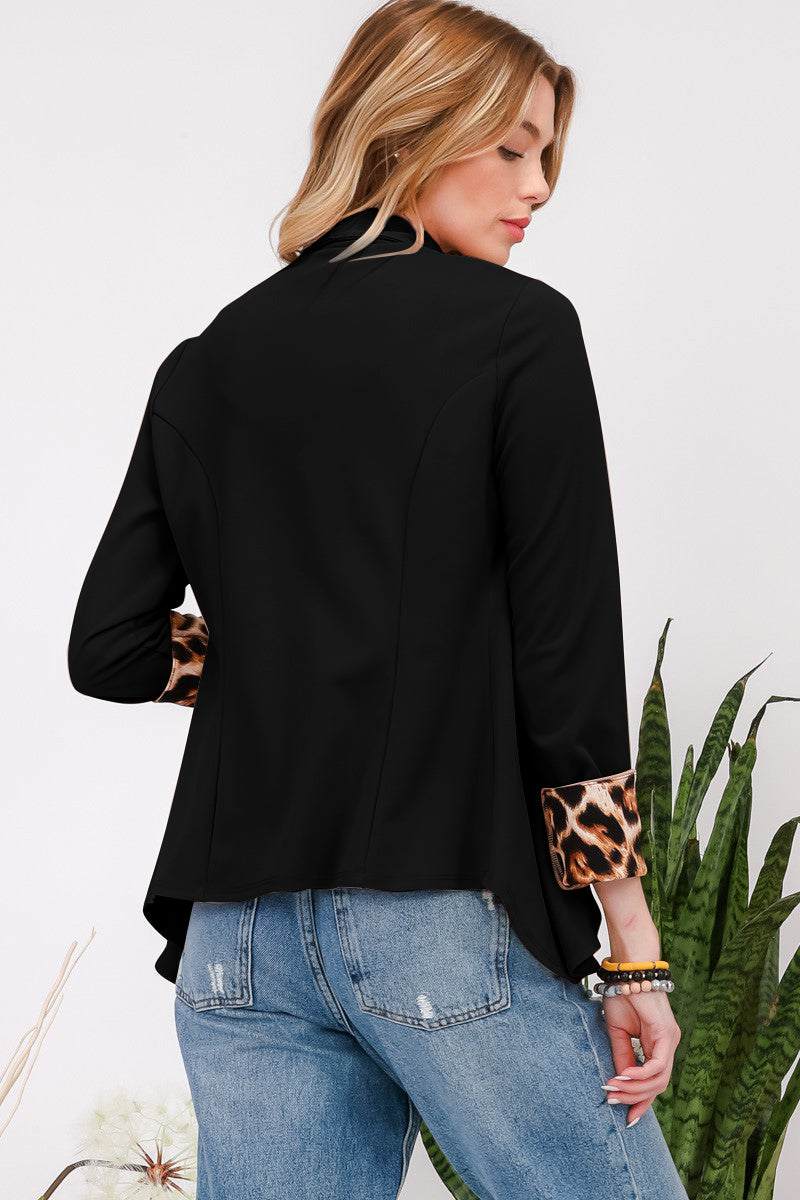 Celeste Rolled Leopard Cuff Open Front Blazer