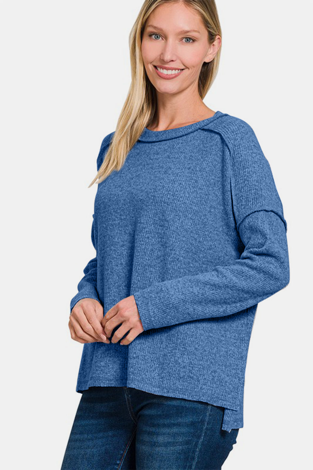 Zenana Exposed Seam Brushed Round Neck Sweater