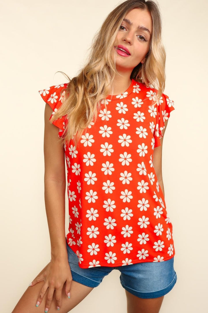 Haptics Round Neck Ruffled Floral Contrast Knit Top