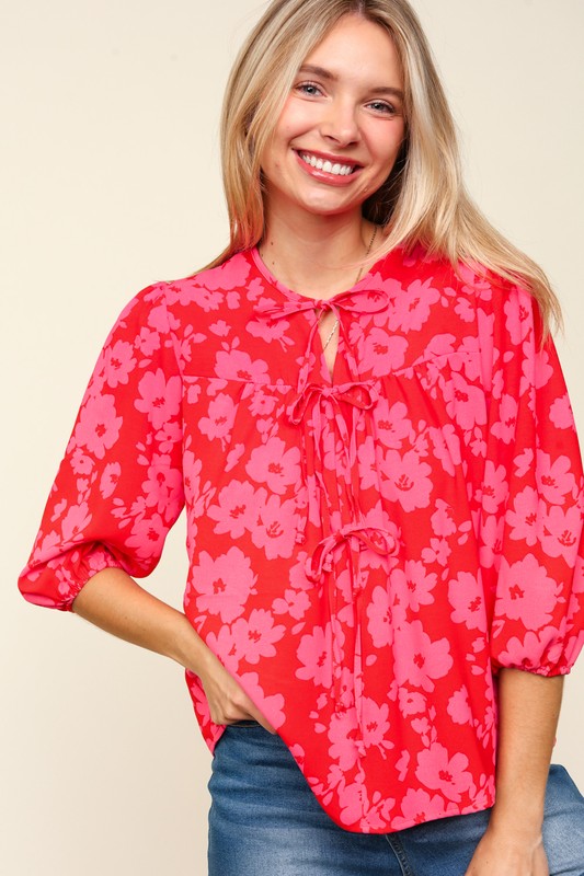 Haptics Ribbon Bow Floral Balloon Sleeve Blouse