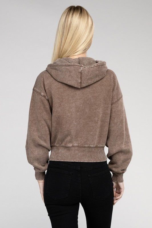 Zenana Acid Wash Fleece Cropped Zip-Up Hoodie - Boho Soho