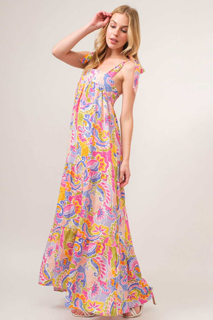 And The Why Printed Tie Shoulder Tiered Maxi Dress