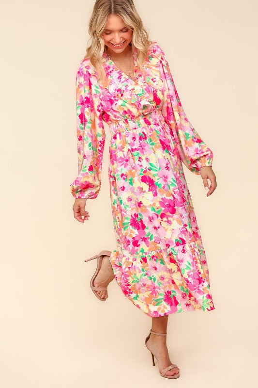 Haptics Floral Surplice Balloon Sleeve Dress with Side Pockets