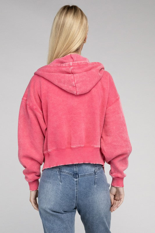 Zenana Acid Wash Fleece Cropped Zip-Up Hoodie - Boho Soho