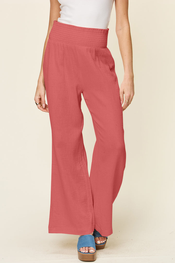 Double Take Texture Smocked Waist Wide Leg Pants