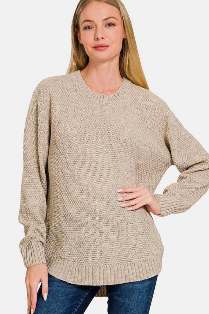 Zenana Round Neck Long Sleeve Curved Hem Sweater