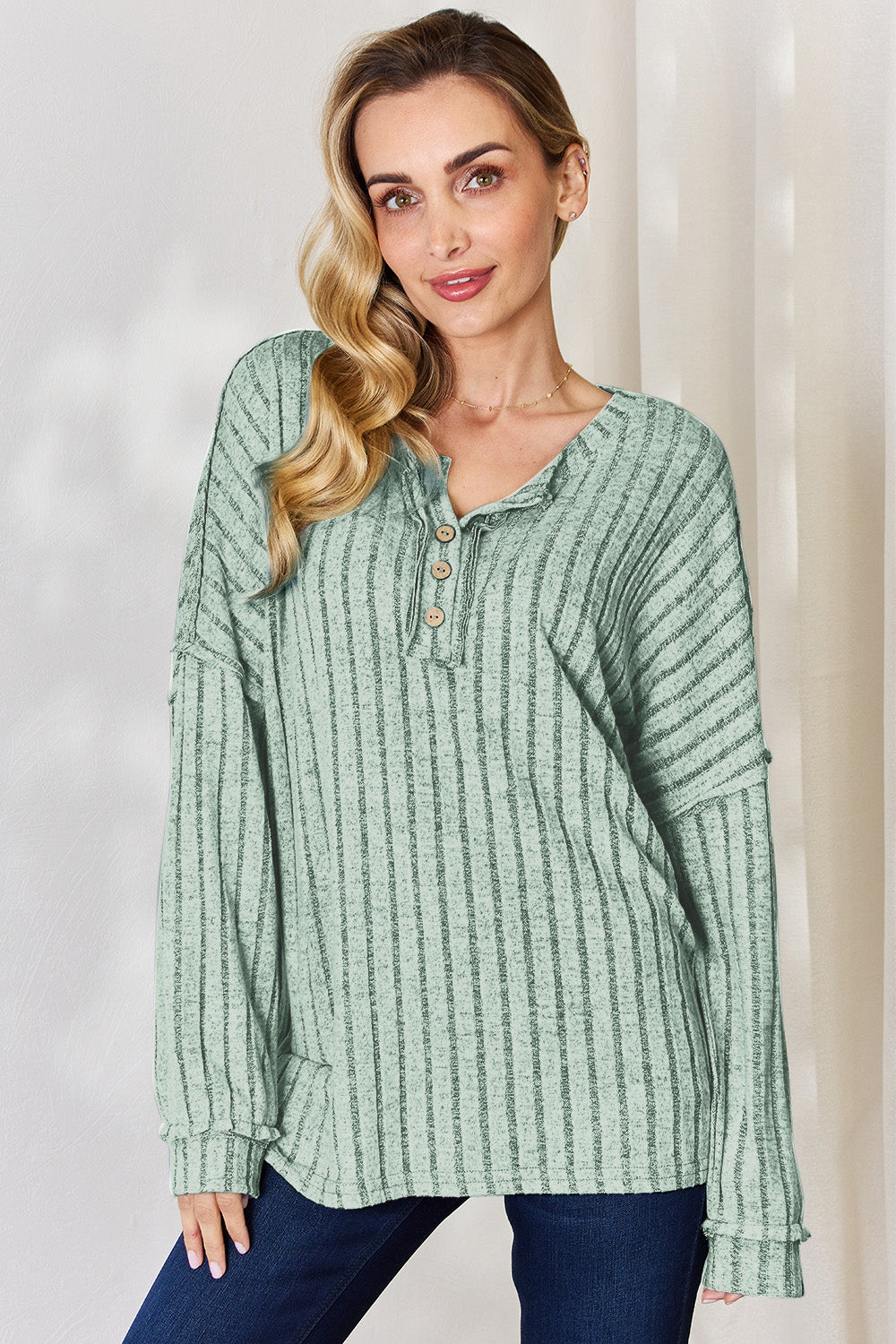 Basic Bae Ribbed Half Button Long Sleeve T-Shirt