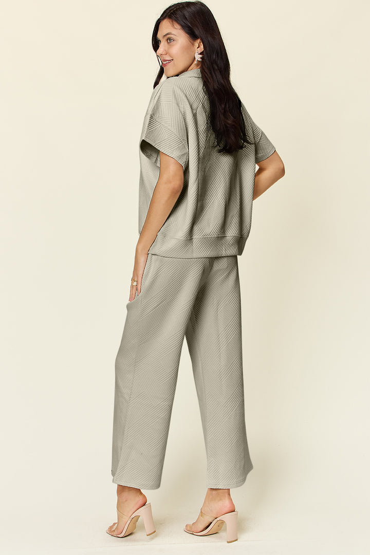 Double Take Texture Half Zip Short Sleeve Top and Pants Set