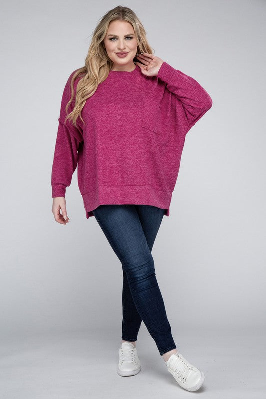 Zenana Plus Brushed Melange Drop Shoulder Sweater