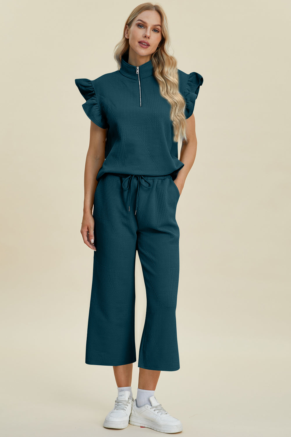 Double Take Full Size Texture Ruffle Short Sleeve Top and Wide Leg Pants Set - Boho Soho