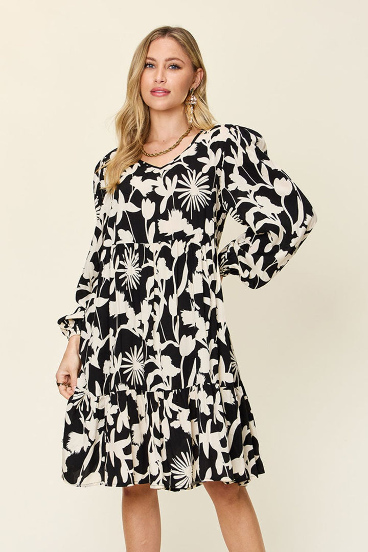 Double Take Full Size Printed Ruffle Hem Dress with Pockets