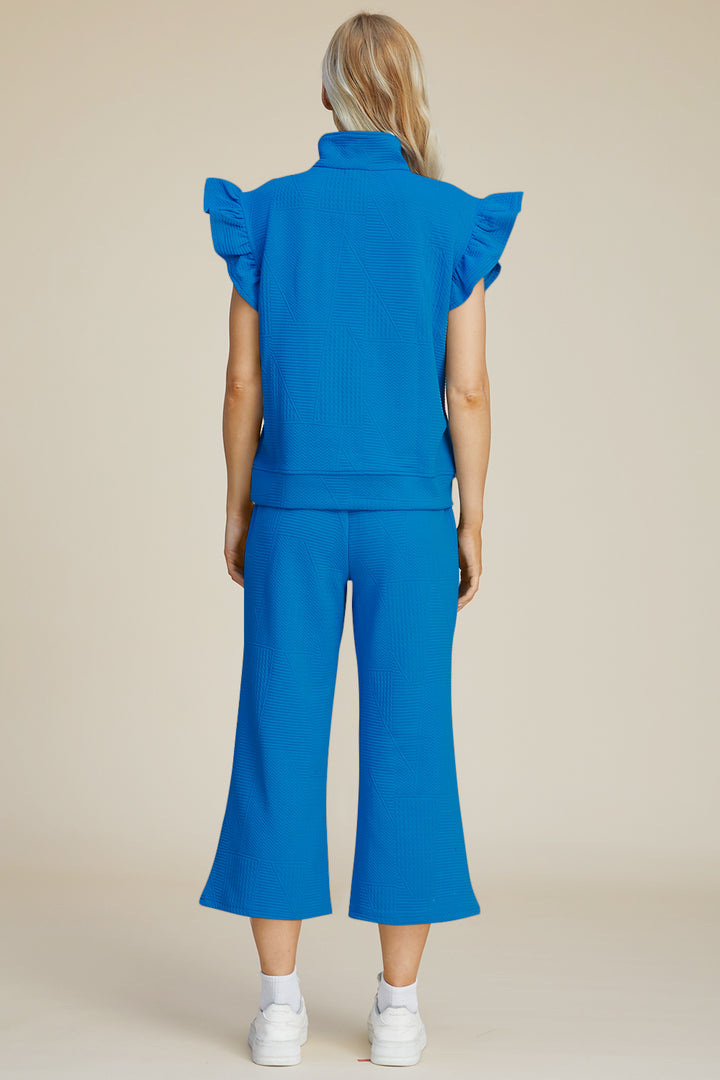 Double Take Full Size Texture Ruffle Short Sleeve Top and Wide Leg Pants Set - Boho Soho