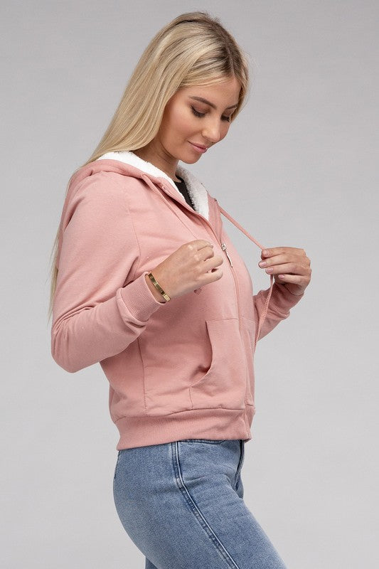 Ambiance Fuzzy Trim Zip-Up Crop Hoodie